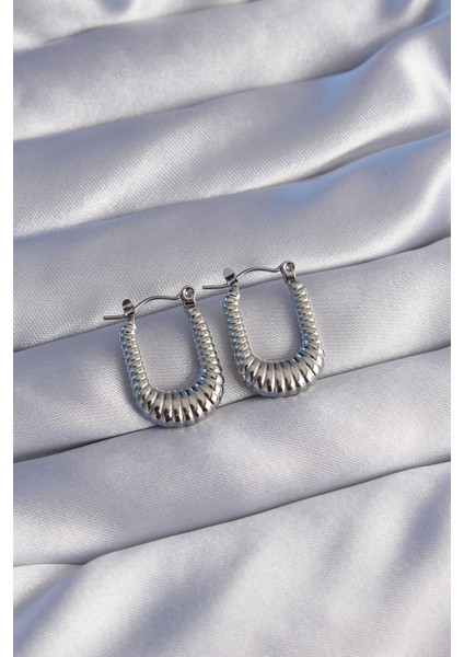 316L Çelik Gümüş Renk Dikdörtgen Tasarımlı Tırtıklı Küpe - Lisinya