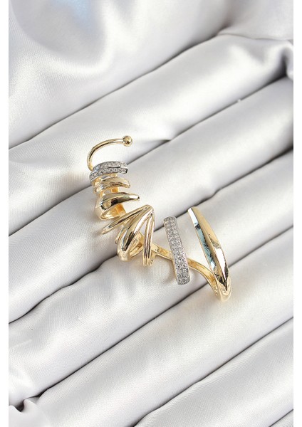 Pirinç Zirkon Taş Kaplamalı Sarmal Figürlü Gold Renk Kadın Sağ Kıkırdak Küpe - Lisinya