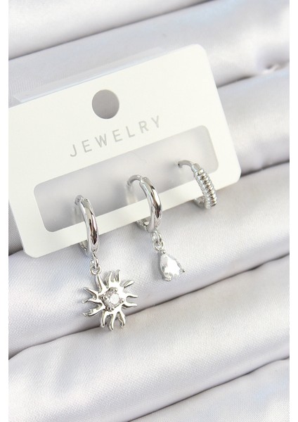 Pirinç Zirkon Taşlı Güneş Model Gümüş Renk 3'lü Çift Kadın Küpe Set - Lisinya