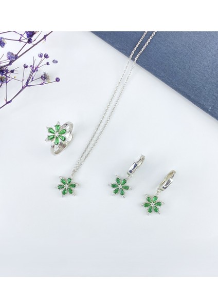 925 Ayar Gümüş Lotus Çiçeği Seti ( Kolye , Yüzük , Küpe )