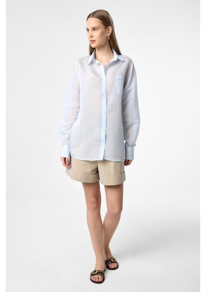 Mavi Relax Fit Çizgili Uzun Kollu Kadın Gömlek fiyatları