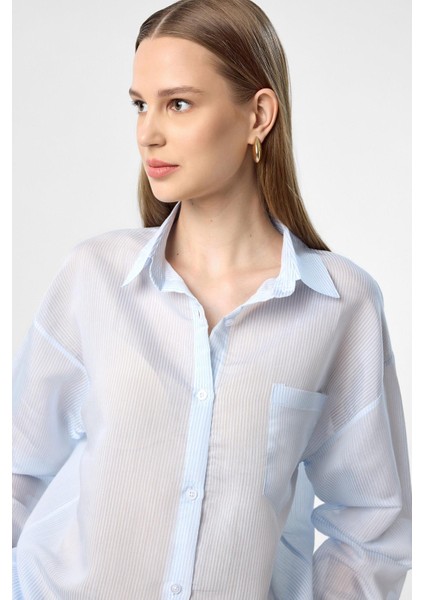 Mavi Relax Fit Çizgili Uzun Kollu Kadın Gömlek modelleri