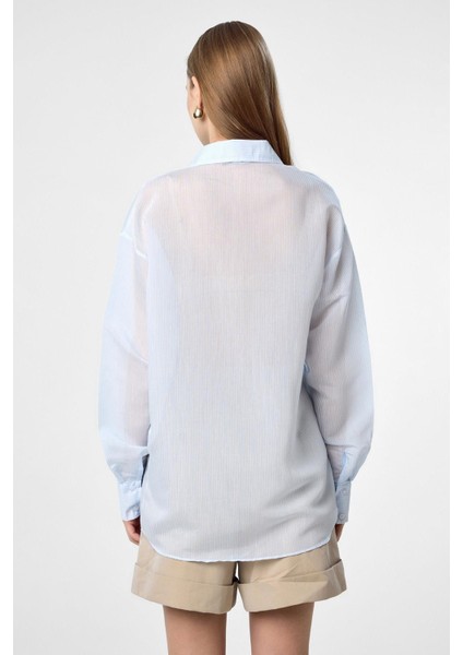 Mavi Relax Fit Çizgili Uzun Kollu Kadın Gömlek fırsatları