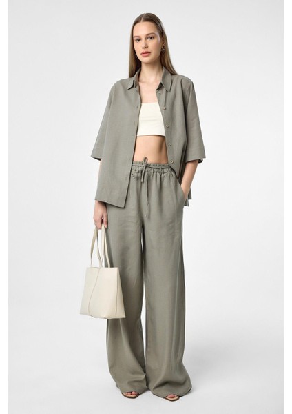 Haki Keten Karışımlı Kadın Gömlek