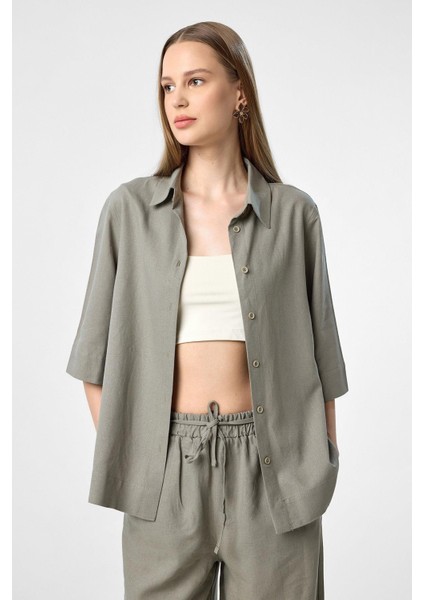Haki Keten Karışımlı Kadın Gömlek modelleri