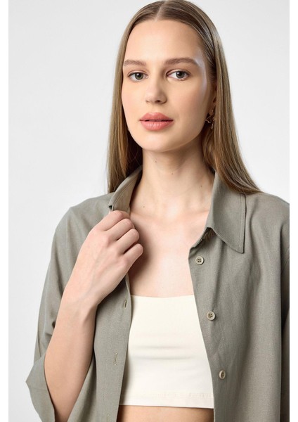 Haki Keten Karışımlı Kadın Gömlek fırsatları