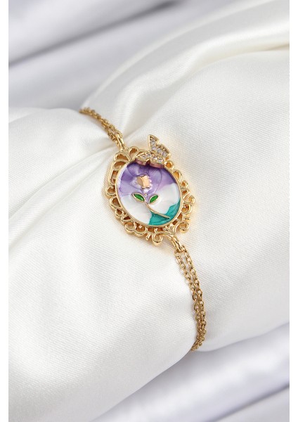 316L Çelik Zincir Mineli Sanatsal Portre Zirkon Taşlı Kelebek Detaylı Çiçek Model Gold Renk Kadın Bileklik - Lisinya