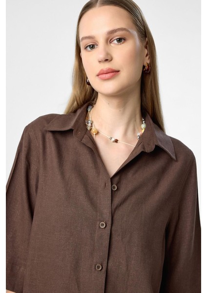 Kahve Keten Karışımlı Kadın Gömlek fırsatları