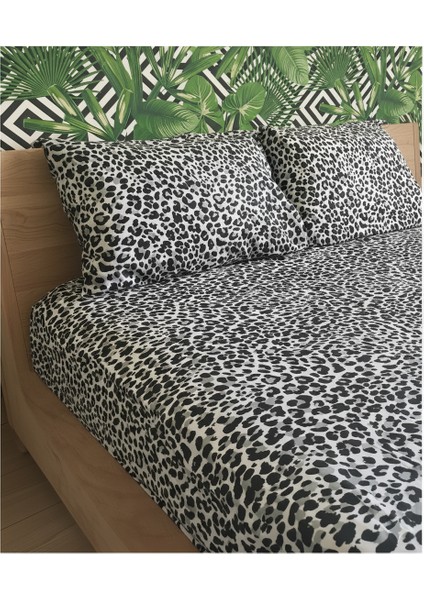 Çift Kişilik Battal Lastikli Çarşaf 2 Adet Yastık Kılıfı Seti- Siyah LEOPAR(180 x 200 cm 30 cm )
