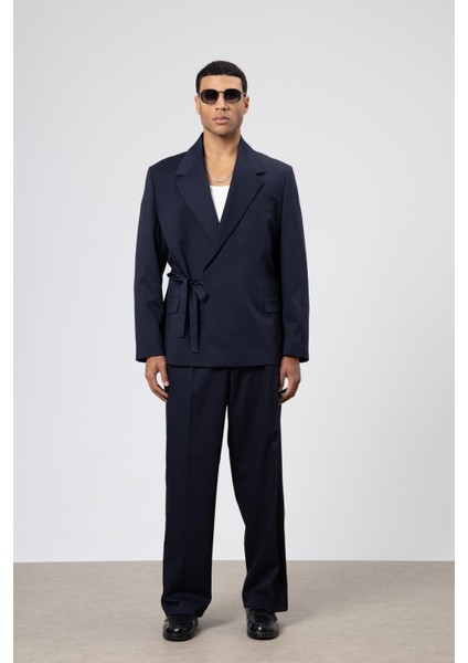Oversize Kuşaklı Takım Elbise Lacivert