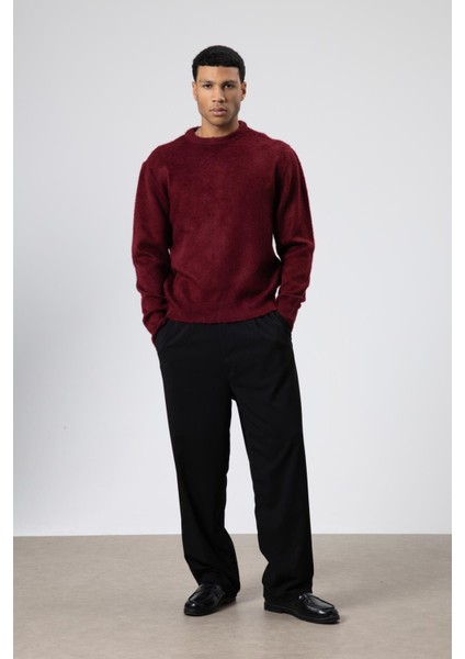 Oversize Yumuşak Dokulu Bisiklet Yaka Kazak Bordo