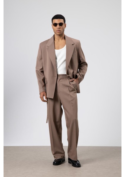 Oversize Kuşaklı Takım Elbise Vizon