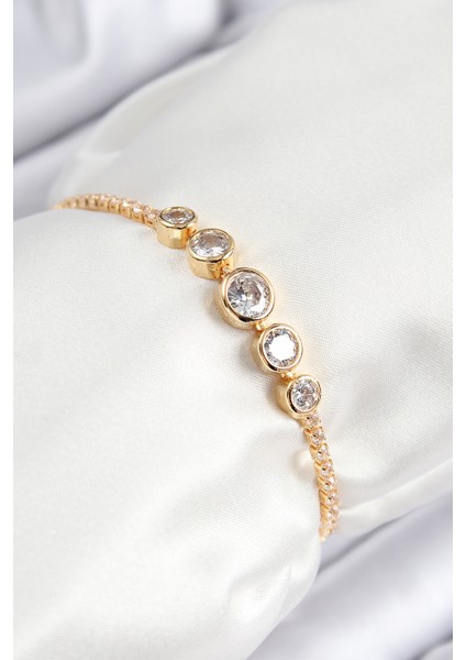 Pirinç Zirkon Taşlı Sıralı Daire Model Gold Renk Asansörlü Kadın Bileklik - Lisinya