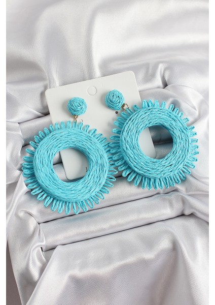 Mavi Püsküllü Halka Figürlü Hasır Örgü Model Gold Renk Kadın Küpe - Lisinya