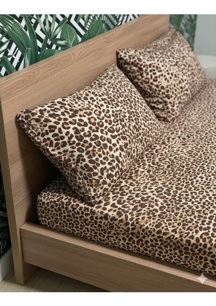 Çift Kişilik Battal Lastikli Çarşaf 2 Adet Yastık Kılıfı Seti- Yeni LEOPAR(180 x 200 cm 30 cm )