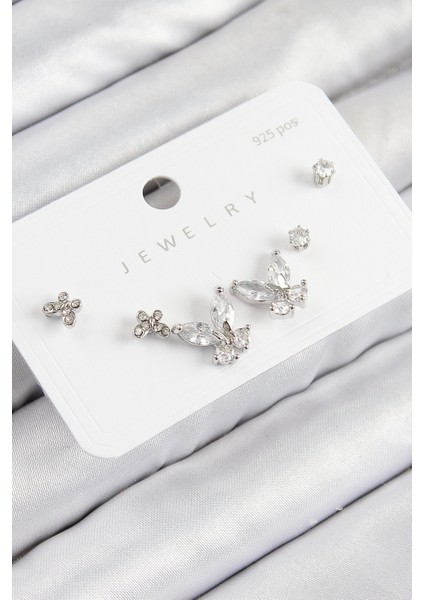 Pirinç Zirkon Taşlı Kelebek Model Gümüş Renk 925 Ayar Gümüş Çivi Kadın Küpe Set - Lisinya