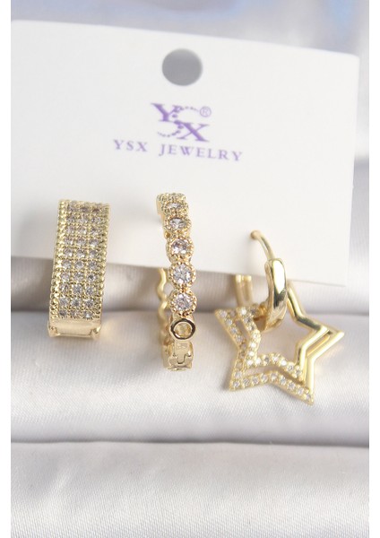 Pirinç Gold Renk Zirkon Taşlı Yıldız Figür Halka Model 3'lü Kadın Kombin Küpe - Lisinya