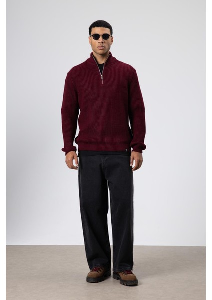 Fermuarlı Örme Triko Kazak Bordo