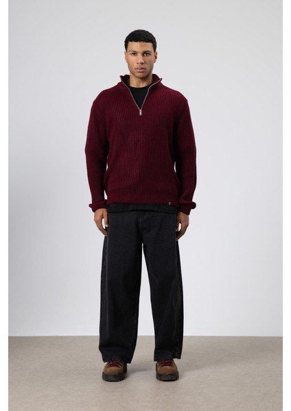 Fermuarlı Örme Triko Kazak Bordo modelleri