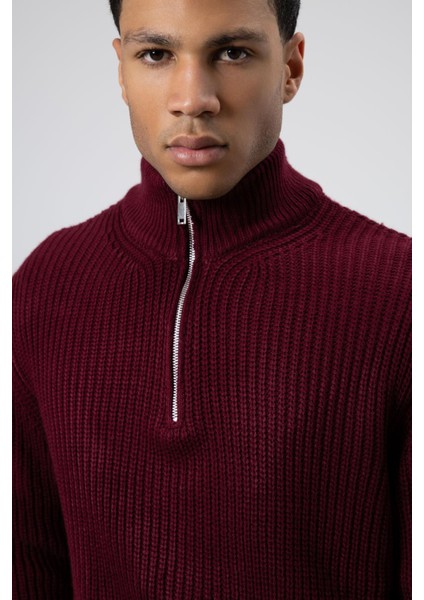Fermuarlı Örme Triko Kazak Bordo fırsatları