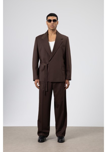 Oversize Kuşaklı Takım Elbise Kahve modelleri