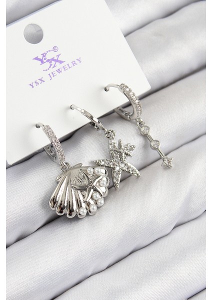 Pirinç Zirkon Taşlı 3'lü Yıldız ve Istiridye Model Gümüş Renk Kadın Küpe - Lisinya