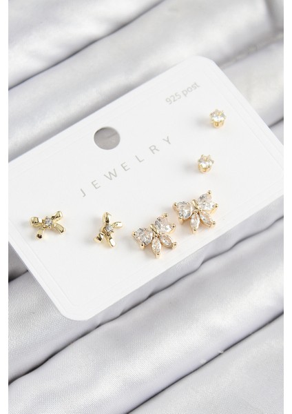 Pirinç Zirkon Taşlı Fiyonk Model Gold Renk 925 Ayar Gümüş Çivi Kadın Küpe Set - Lisinya