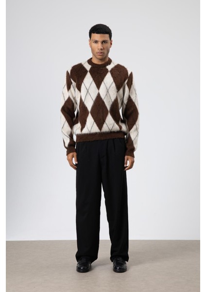 Baklava Desenli Oversize Kazak Kahve