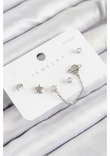 Pirinç Zirkon Taşlı Yıldız ve Gezegen Model Gümüş Renk 925 Ayar Gümüş Çivi Kadın Küpe Set - Lisinya