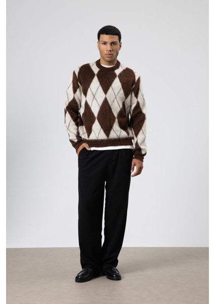 Baklava Desenli Oversize Kazak Kahve