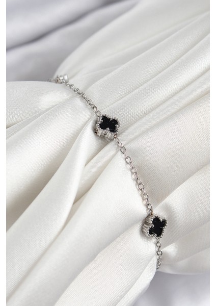 316L Çelik Siyah Sedef Yonca Model Gümüş Renk Kadın Bileklik - Lisinya