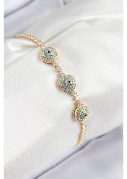 Pirinç Zirkon Taşlı Nazar Model Gold Renk Kadın Bileklik - Lisinya