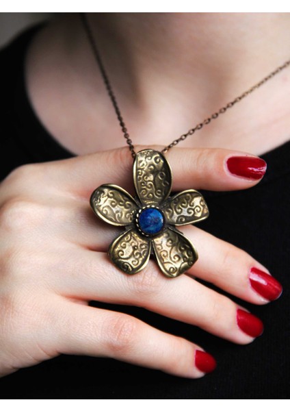 Doğal Taş Lapis Doğal Taşlı Çiçek Desenli Otantik Kadın Kolye 45 cm Zincirli EUK25LPS