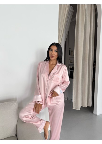 Pudra Pembe Saten Uzun Pijama Takımı modelleri