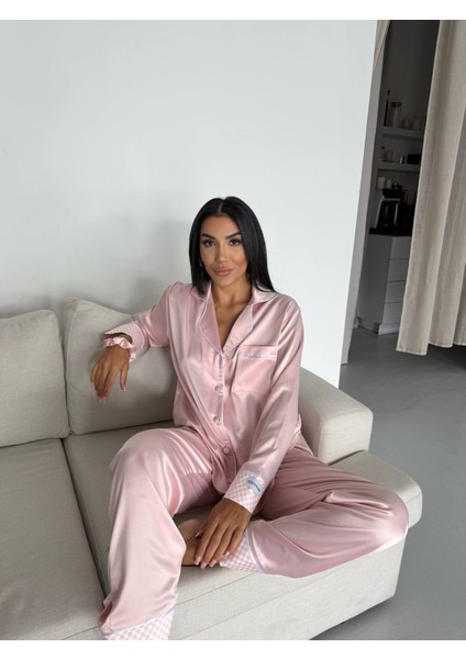 Pudra Pembe Saten Uzun Pijama Takımı indirimleri