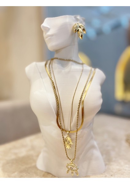 Özel Tasarım 14 K Altın Rengi Paslanmaz Kararmaz Çelik 3 Lü Kolye