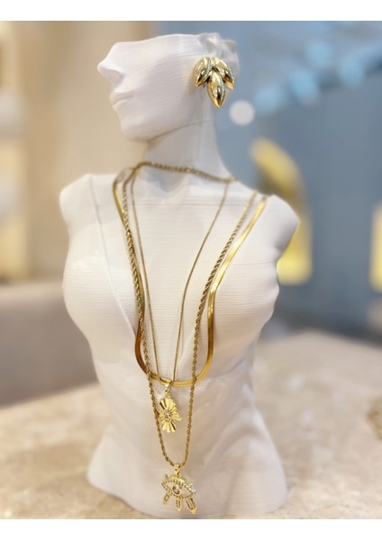 Özel Tasarım 14 K Altın Rengi Paslanmaz Kararmaz Çelik 3 Lü Kolye fiyatları