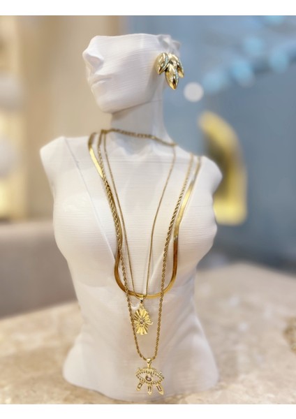 Özel Tasarım 14 K Altın Rengi Paslanmaz Kararmaz Çelik 3 Lü Kolye modelleri