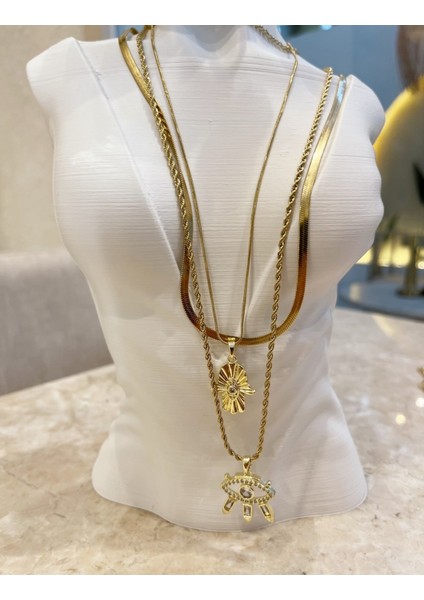 Özel Tasarım 14 K Altın Rengi Paslanmaz Kararmaz Çelik 3 Lü Kolye fırsatları