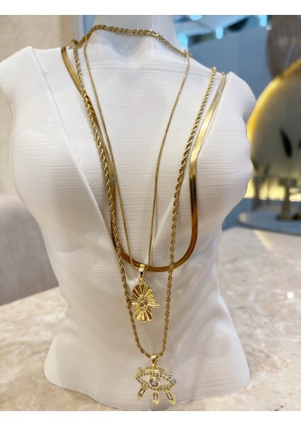 Özel Tasarım 14 K Altın Rengi Paslanmaz Kararmaz Çelik 3 Lü Kolye indirimleri