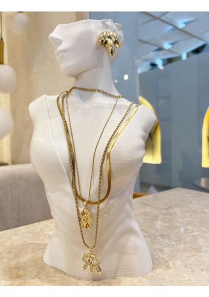 Özel Tasarım 14 K Altın Rengi Paslanmaz Kararmaz Çelik 3 Lü Kolye