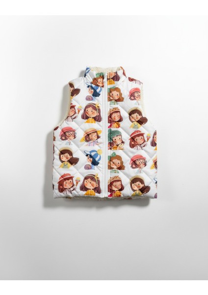 Kız Çocuk Pamuklu Beyaz Kız Figürlü Kapitone Welsoft Yelek - Fermuarlı Rahat Tasarım