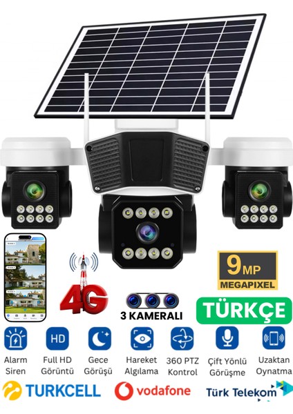 RX95G Solar Güvenlik Kamerası Türkçe 4g Sim Kartlı Ptz Hareketli Gece Görüşlü Güneş Panelli Kamera