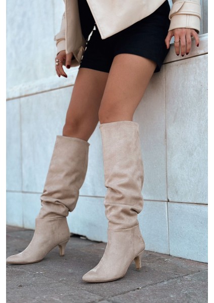 Sollet Süet Kısa Topuklu Körüklü Bej Çizme