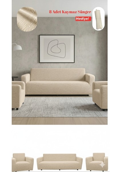 Jakarlı 3+3+1+1 Lastikli Esnek Koltuk Kılıfı 8 Adet Kaymaz Sünger Hediyeli