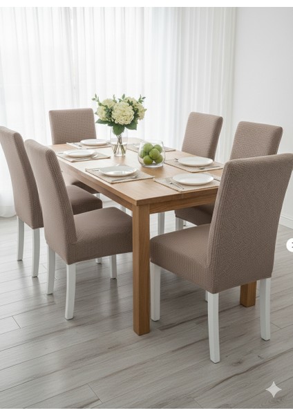 Likralı 6'lı Sandalye Kılıfı Pamuklu Yıkanabilir Kahverengi