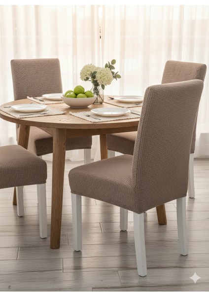 Likralı 6'lı Sandalye Kılıfı Pamuklu Yıkanabilir Kahverengi modelleri