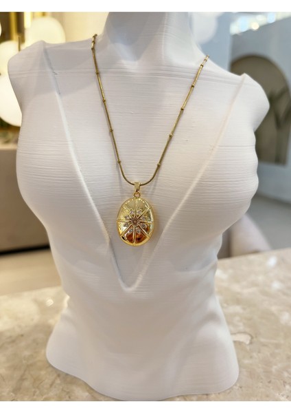 Kutup Yıldız Desenli Zirkon Taşlı Alya Çelik Kararmaz Tasarım Özel Zincirli Kolye 1 Adet