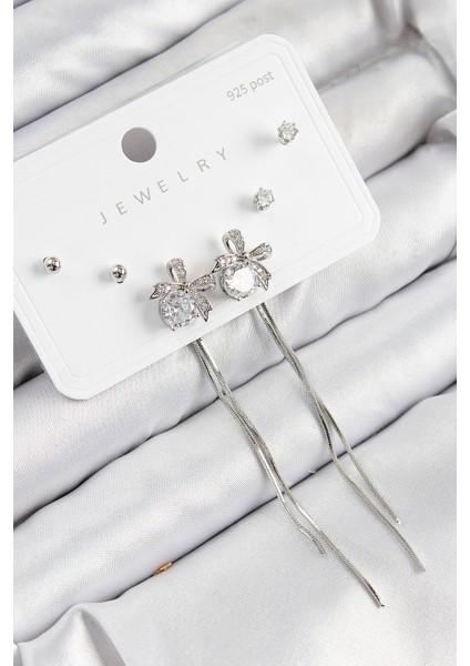 Pirinç Zirkon Taşlı Sallantılı Fiyonk Model Gümüş Renk 925 Ayar Gümüş Çivi Kadın Küpe Set - Lisinya