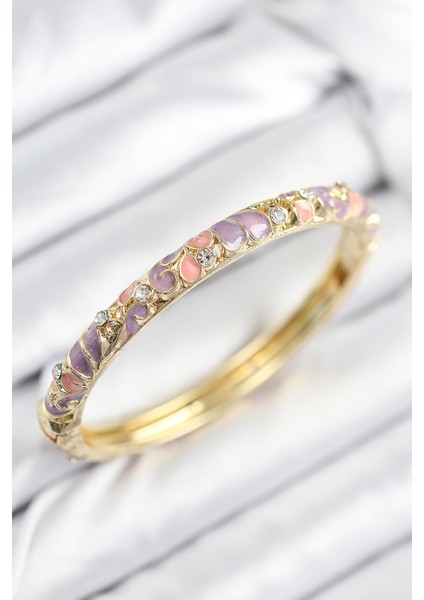 Mineli Pirinç Zirkon Taşlı Pembe Mor Çiçek Motifli Gold Kadın Kelepçe - Lisinya